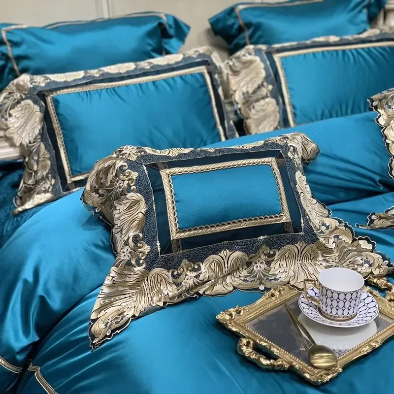 European Style Fancy Cotton Embroidery Lace Comforter Cover Blue Bed Sheet Bedding Sets Supplier