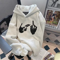 Street Casual Solid Hooded Autumn Winter New Long Sleeve Loose Printing Vintage Pullovers Top High Street Fashion Women Clothing