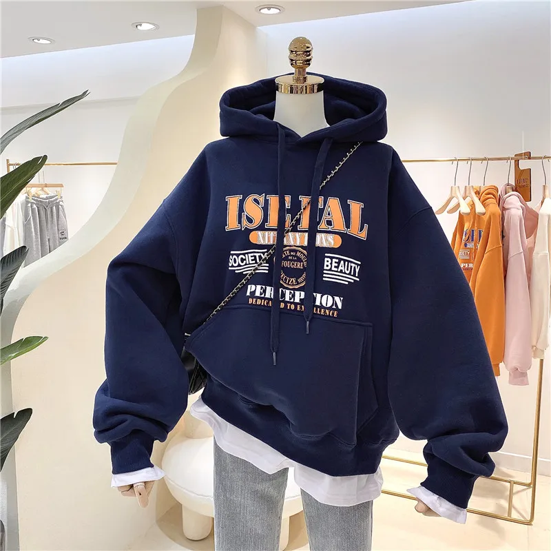 

Women's Fleece Lined Hoodie Thickened Loose Fit Fake Two-Piece Sweatshirt Korean Style Commute Fashion Long Sleeve Regular Le...