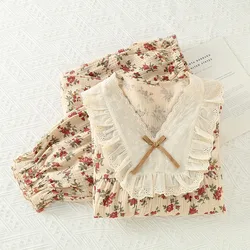 Conjunto de pijama de manga larga para mujer, Top cómodo, pantalones largos, acentos de encaje Sexy, estampado de flores con lazo de princesa, Elegante