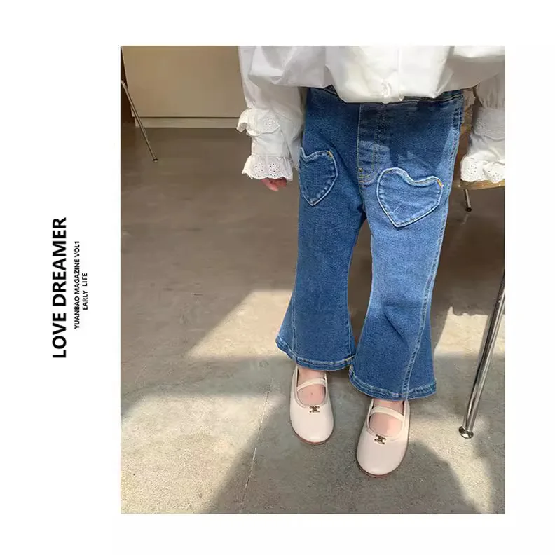 UNITIM 2026 Children Flared Pants Spring Infant Baby Girls Denim Pants Toddler 1-8Y Kids Girls Love Pockets Micro-stretch Jeans