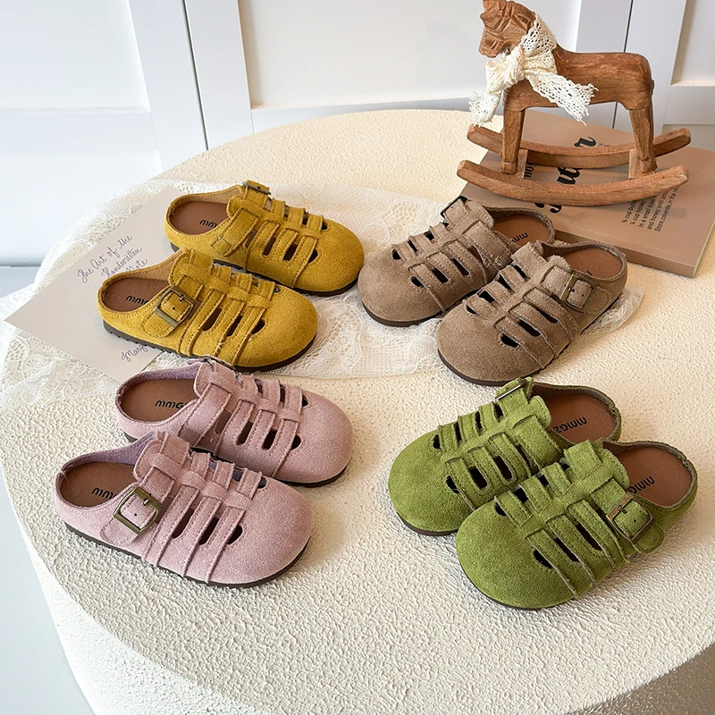 

Kids Suede Sandals for Girls Anti-slippery Sole Toddler Roman Slippers Pastel Colors Princess Beach Garden Shoes Barefoot Ins
