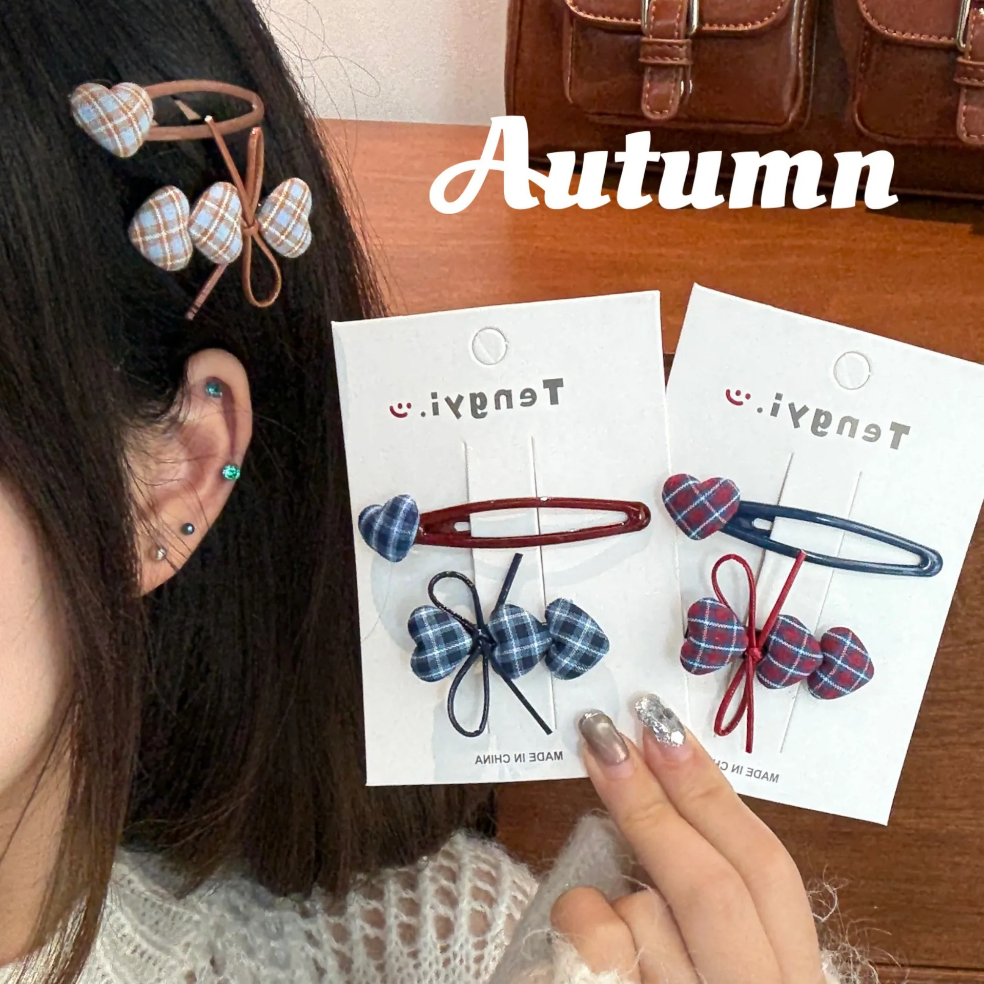 2pc Cute College Style Beautiful Plaid Bow Hairpin Retro Hair Side Clips for Girls Women Korean Hair Accessories