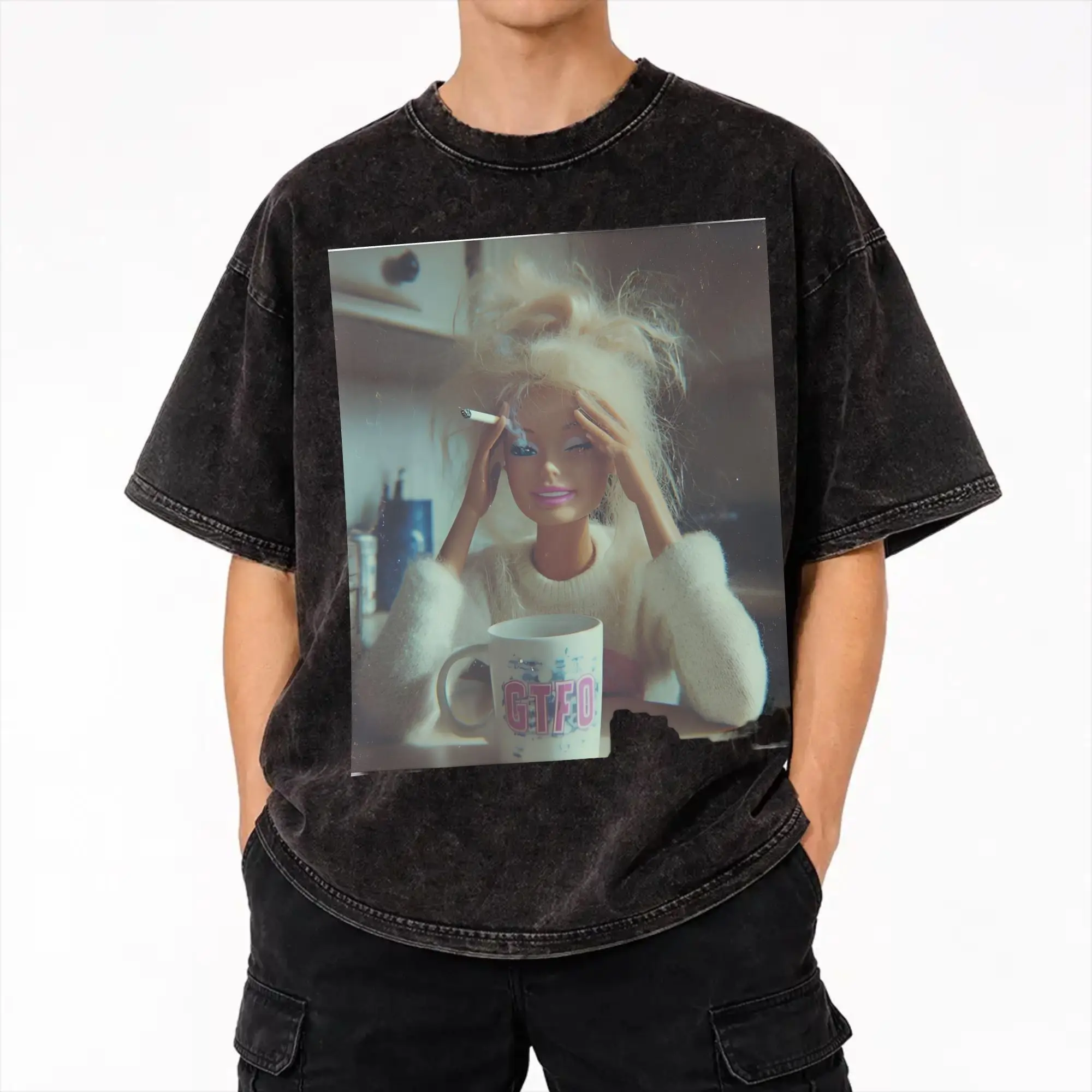 Summer Blonde Doll Disheveled Doll Washed T Shirt Outfit Harajuku T-Shirts  for Men Women Tee