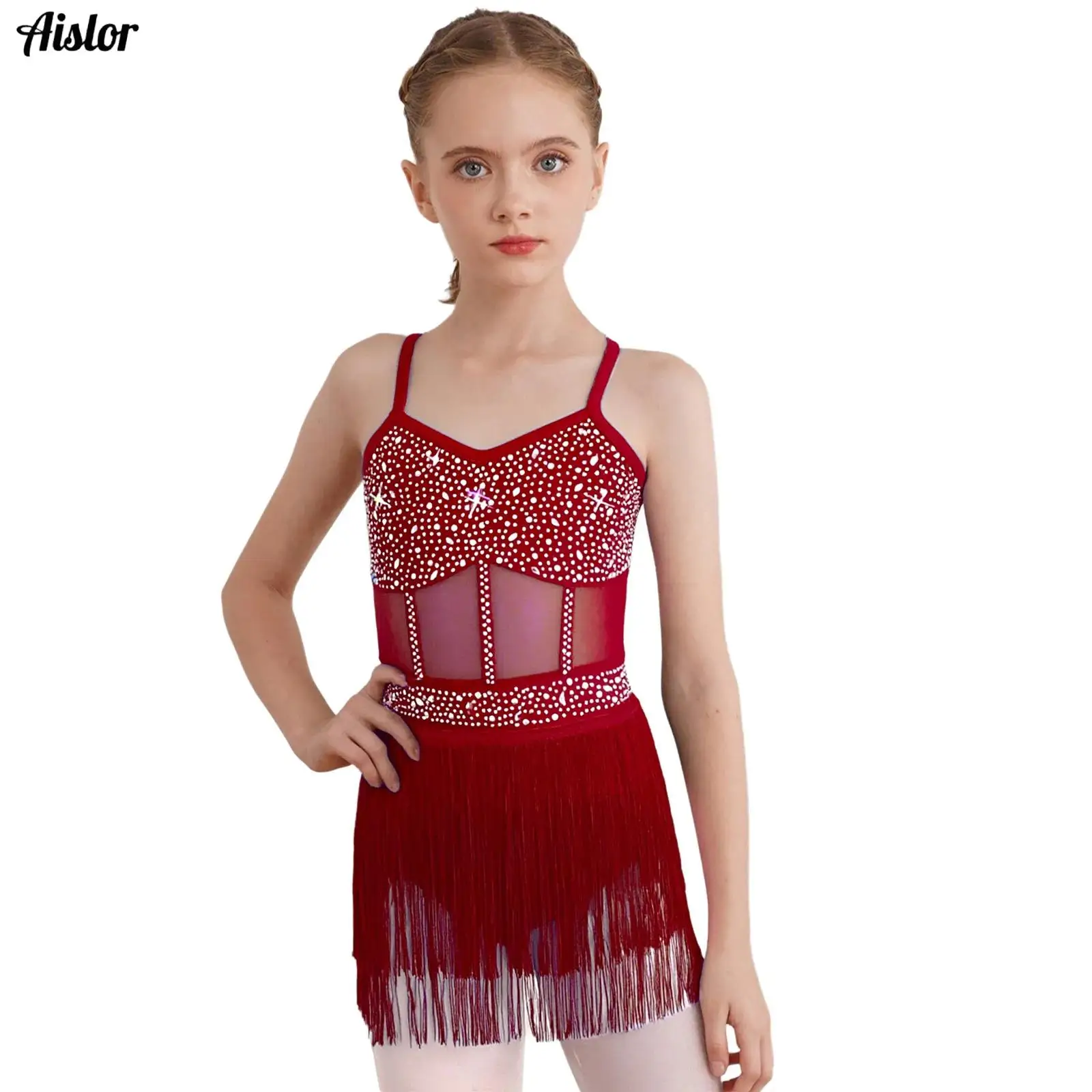 Kids Girls Rhinestones Latin Tango Dance Leotard Dress Sheer Mesh Tiered Tassel Fringe One Piece Bodysuit Dress Jazz Dancewear