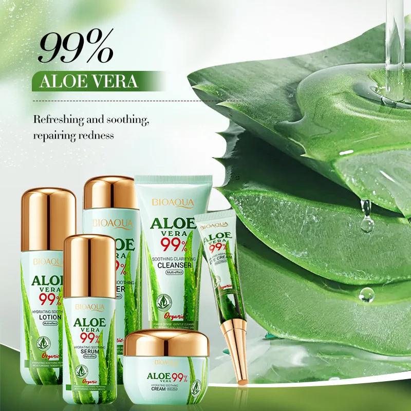 Aloe Vera Moisturizing and Beautifying Six-Piece Skincare Set, Including Facial Cleanser, Toner, Lotion, Essence, Face Cream, Eye Cream, Contains Sodium Hyaluronate, Aloe Vera Extract, and Other Ingredients, Daily Skincare Routine, Deep Nourishment, Moisturizing and Hydrating, Alcohol-Free, Natural Plant Extracts, Gift Box Packaging, Skincare Set, Gift Recommendation