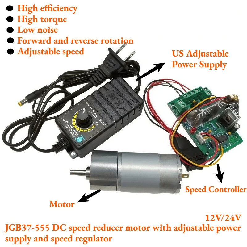 JGB37-555 Miniature DC Speed Reducer Motor 12V 24V with Adjustable Power Supply and Speed Controller