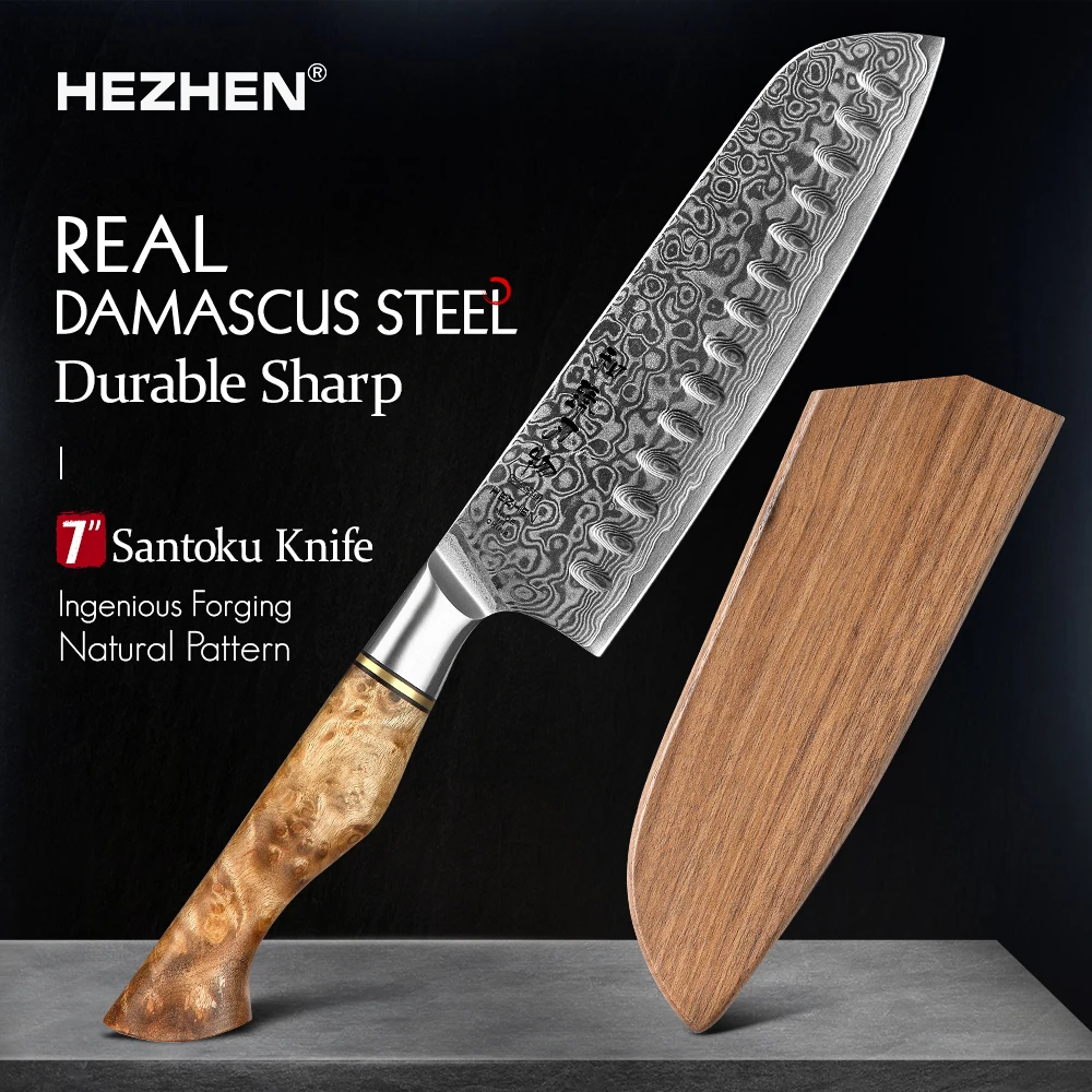 

HEZHEN 7 inch Santoku Knife Real 67 Layer Damascus Super Steel Cut Meat Fish vegetable Janpanese Cook Knife Sharp Kitchen Knife