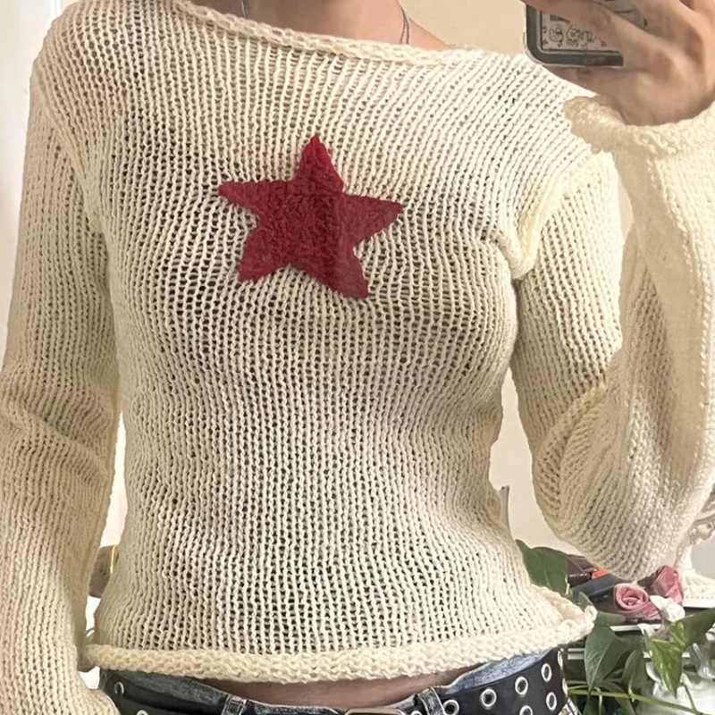 Autumn and winter new color contrasting pentagram round neck long sleeved knitted sweater, casual and fashionable sweater ﻿