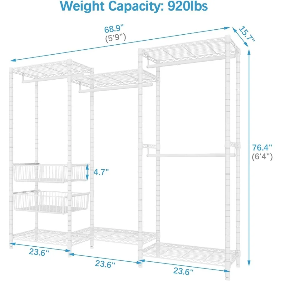 رف ملابس سلكي V10 مكون من 5 طبقات رف ملابس عالي التحمل رف ملابس كبير الحجم مع 4 قضبان تعليق و6 أرفف سلكية و2 قاعدة منزلقة
