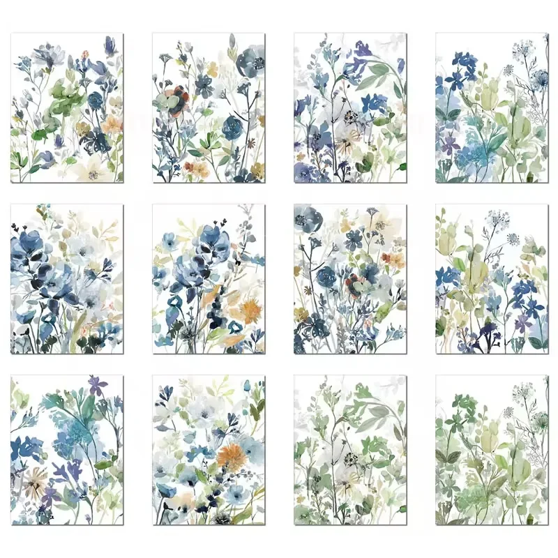 Nordic simple retro small fresh watercolor blue flower plant bedroom living room canvas painting decorative painting core