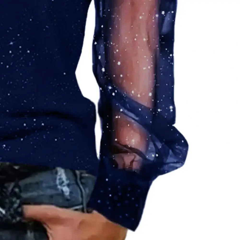 Shiny Rhinestones Ladies Shirt Sexy Net Cloth Stitching Sleeves Leisure Slimming T-Shirt Womens Clothes for Spring/Summer