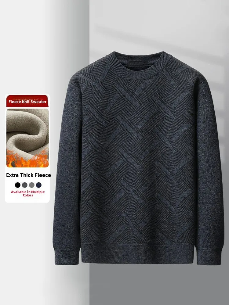 

Утепленный вязаный свитер с флисовой подкладкой для мужчин среднего и старшего возраста, с круглым вырезом, теплый базовый слой из флиса