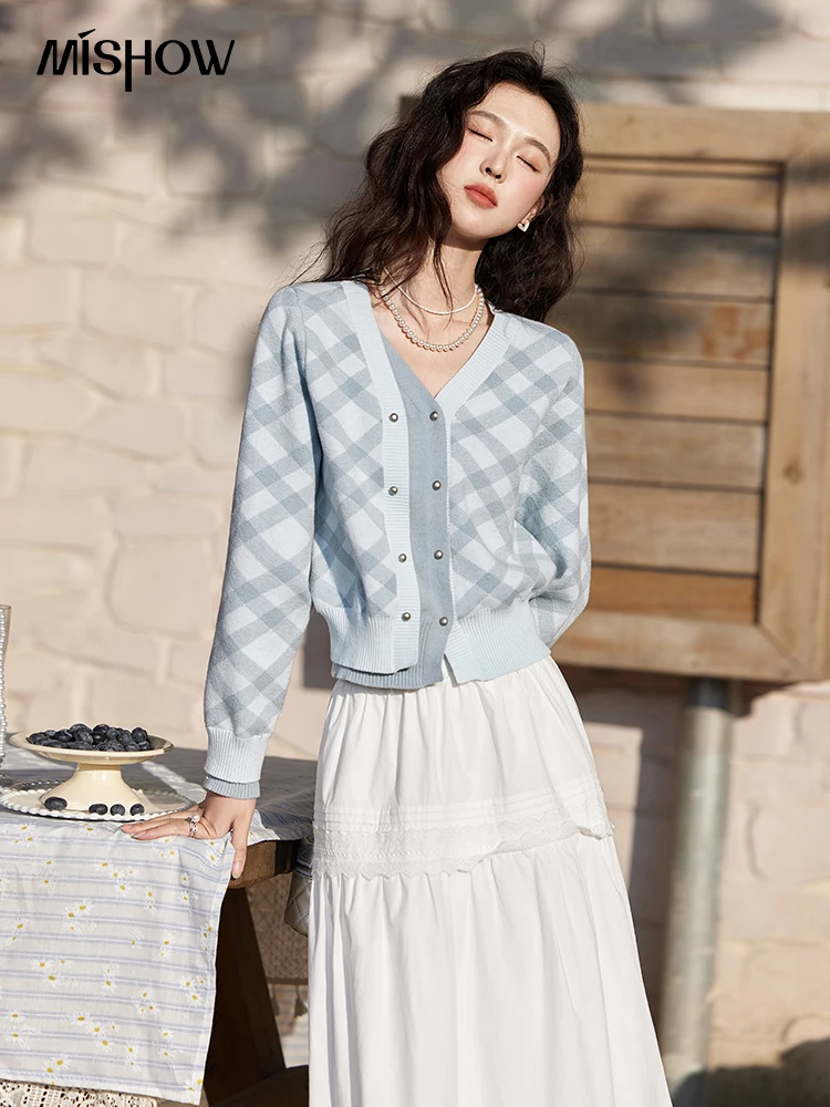 MISHOW Blue Plaid Color Blocked Knitted Pullover Sweater Women Spring 2025 Temperament Double-layer Placket Sweater MXE12Z1119