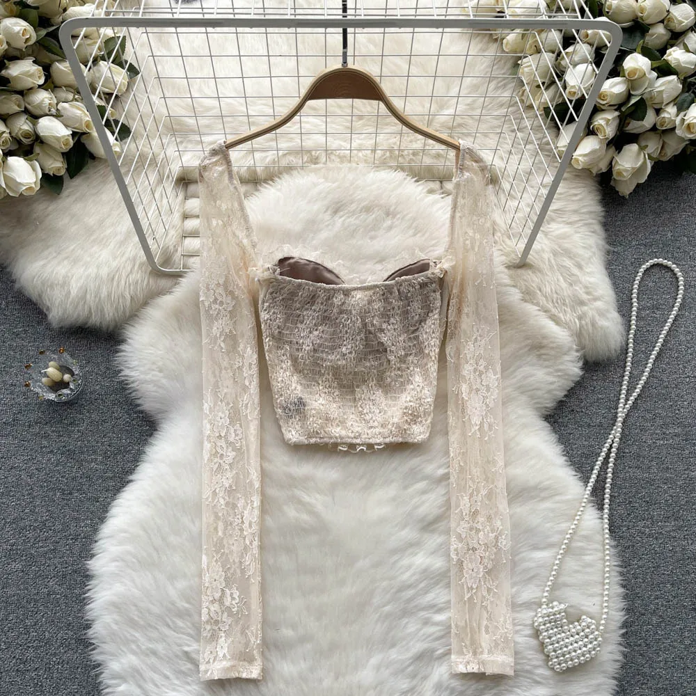 Elegant Lace Embroidery Square Neck Long Sleeve Blouse Chic Vintage Korean Fashion Crop Top Women Autumn Shirts Gothic Clothing