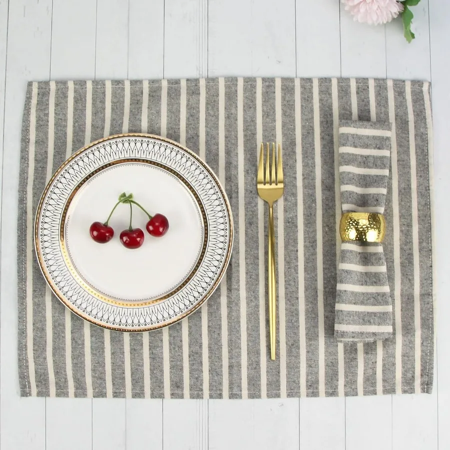 طقم مناديل قماش عشاء مخططة واسعة من القطن مقاس 12 40 × 30 سم للمناسبات والاستخدام المنزلي (أسود)