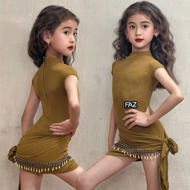 

Customized Latin Dance Suit Practice Dress Girls Competition Performance Dress Camel Colored Sleeveless Studded Skirt Jumpsuit