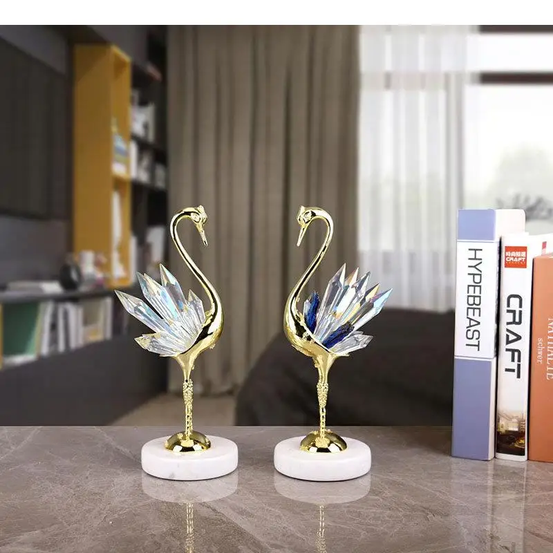 

Golden Crystal Swan Artwork Ornaments Desk Decoration Marble Base Alloy Sculpture Modern Crafts Room Aesthetics Decor