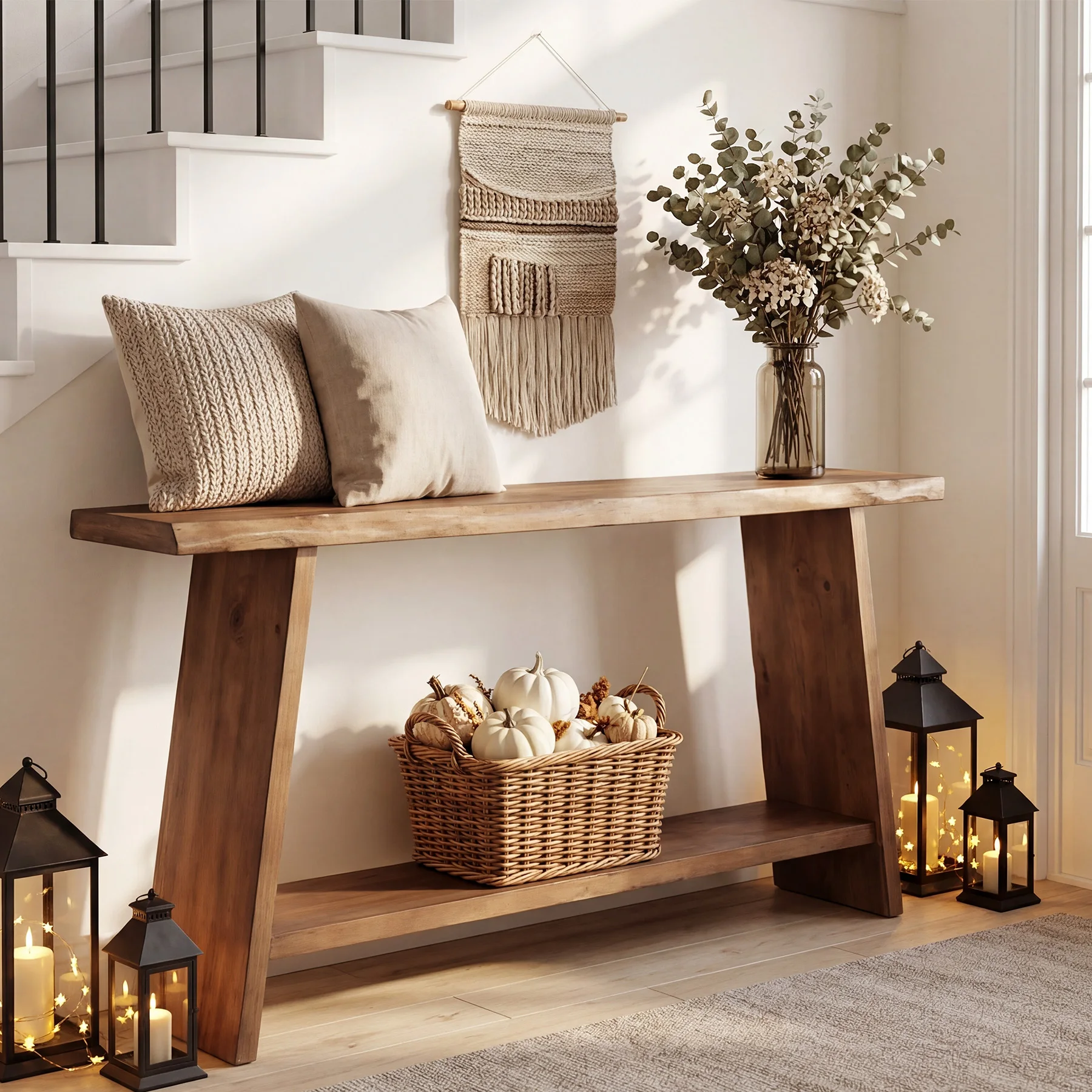 Mesa Consola de Madera Maciza, Mesa de Entrada de 62.99 Pulgadas con Estante de Almacenamiento, Mesa Estrecha de 2 Niveles para Pasillo, Entrada