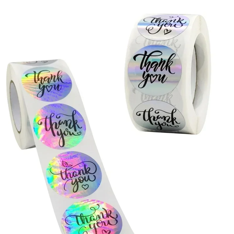 100-500pcs Rainbow Laser Thank You Stickers 1inch 2.5cm Self Adhesive Labels Small Business Gift Sealing Boutiques Wrapping
