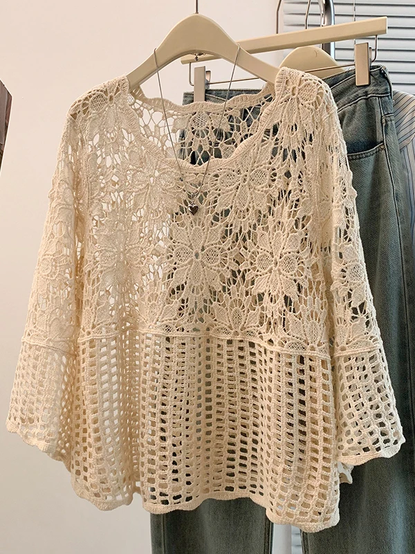 

plus Size Fashionable Loose Summer Hollow out Hook Flower Fat MM Versatile Youthful Bell Sleeve High-End Feeling T-Shirt Top