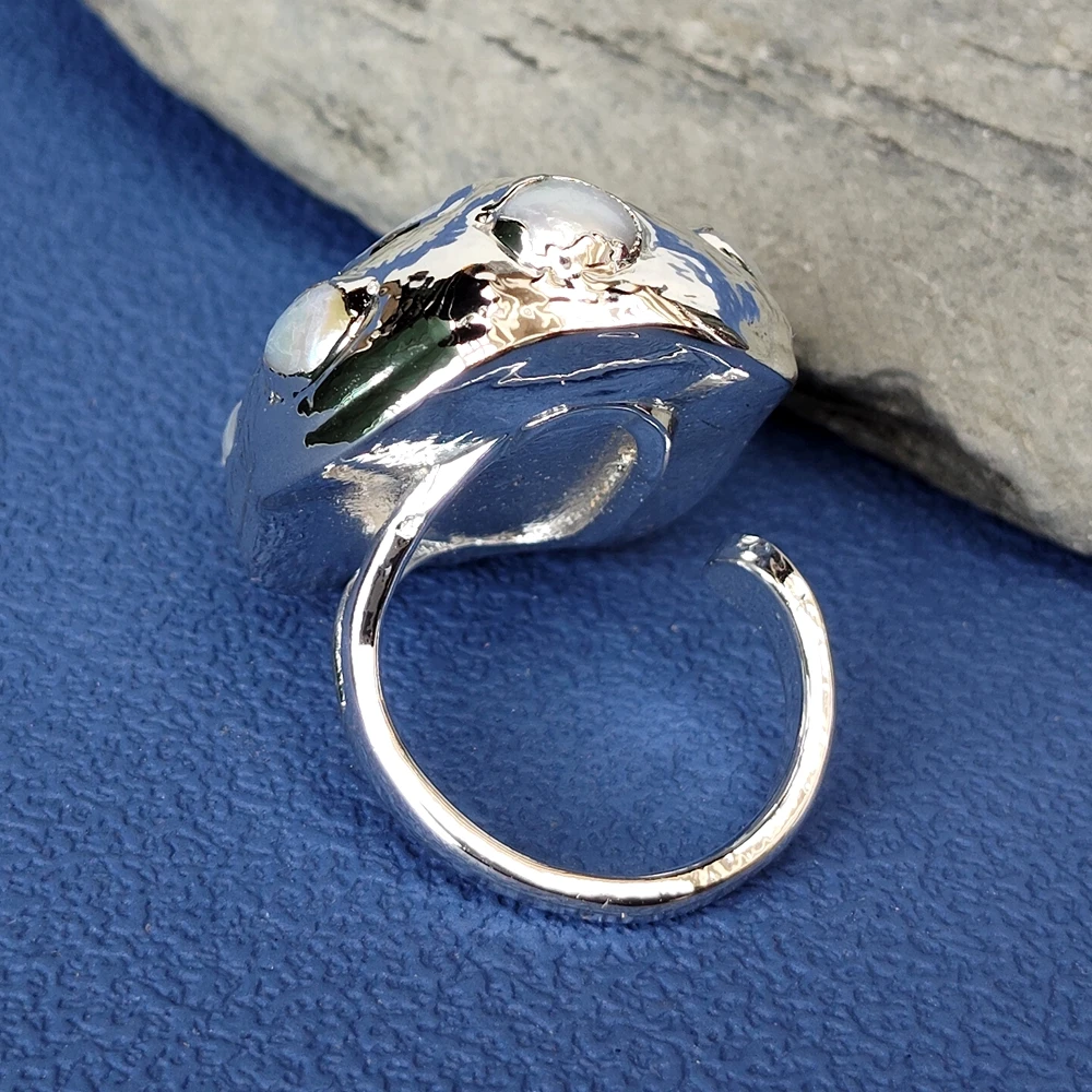 Yygem Natural Coin Freshwater Pearl Silver Color Gold Plated Finger Rings
