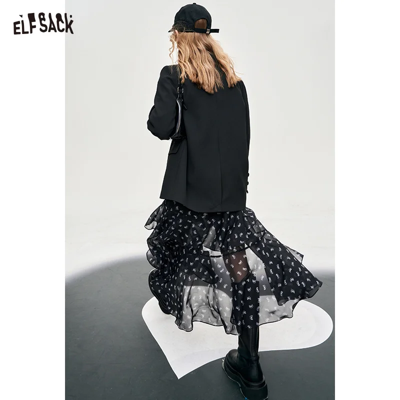 ELFSACK versatile high rise slit floral printing dress for women 2024 spring thin new mid long length A pendulum irregular skirt