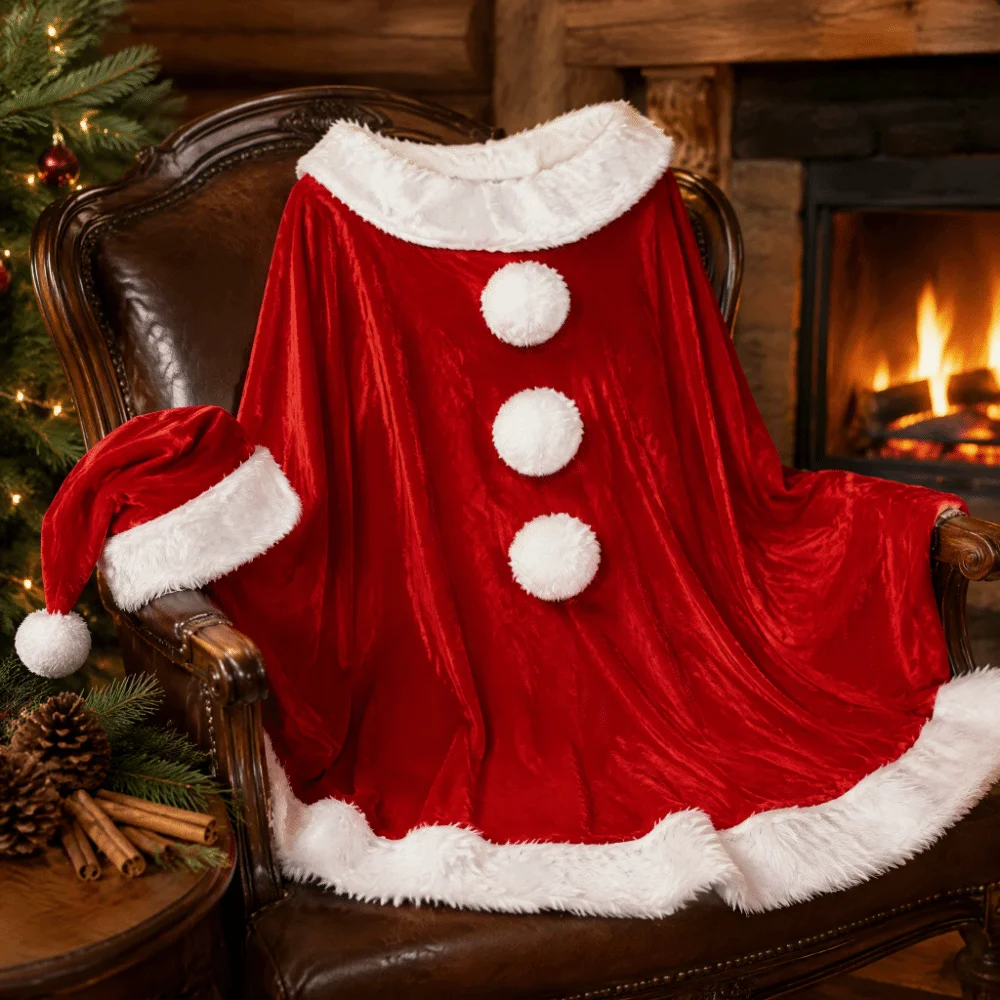 Simple Polyester Christmas Cloak and Hat Plush Thick Xmas Cape Windproof Warm Santa Claus Costume Adult