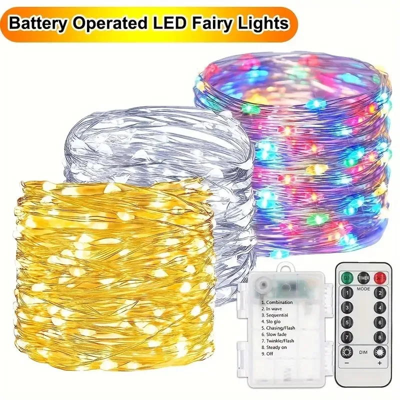 50/100/200/300 LED Outdoor Copper Wire Light, Battery Powered 8 Lighting Modes for Christmas Weddings Balconies Garden Decor