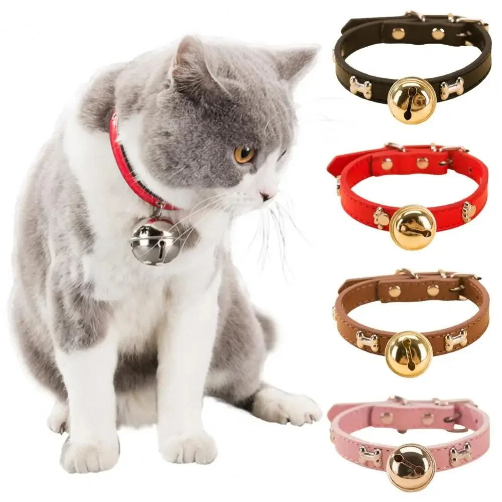 Cute Pet Paw Print Bones Cat Dog Collar Adjustable with Bell Dog Walking Collar Soft Leather Pet Collar Pet Supplies