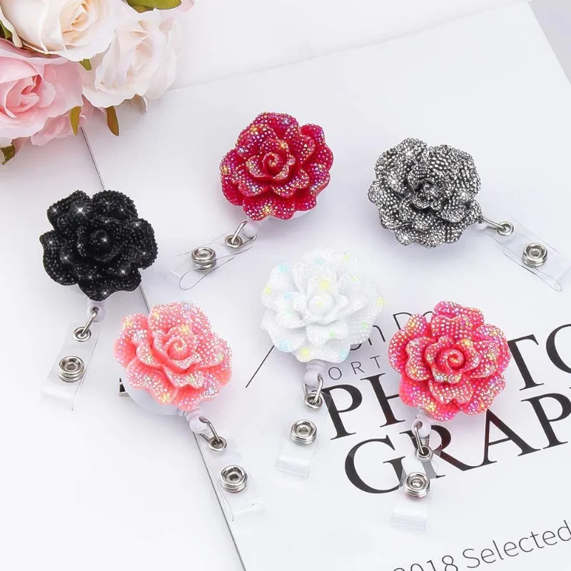 Fashion Rose Flower Badge Reel Glitter Resin Color Rhinestones Retractable Women Worker ID Holder Clip Office Supplies