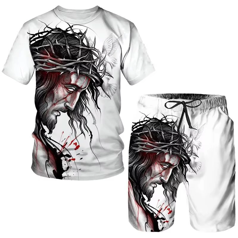 

Summer Cross Jesus 3D Print T-Shirts Shorts Sets Men's Tracksuits Oversized Short Sleeve T Shirt Pants Set Suits Clothing