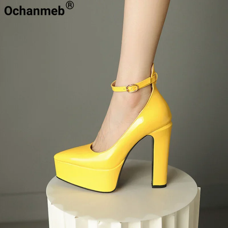 Ochanmeb Patent Leather Pumps Women Super High Heels Thick Sole Platform Shoes Woman Pointed Toe Ankle Buckle Party Wedding Pump