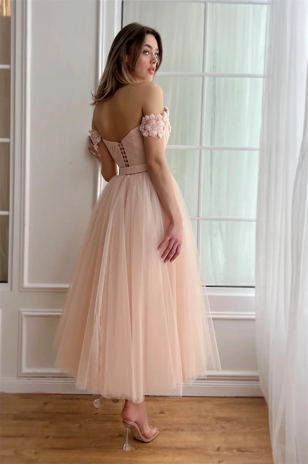 Elegant peach pink card shoulder handmade flower skirt tulle strap mini graduation prom dress homecoming party dress formal even