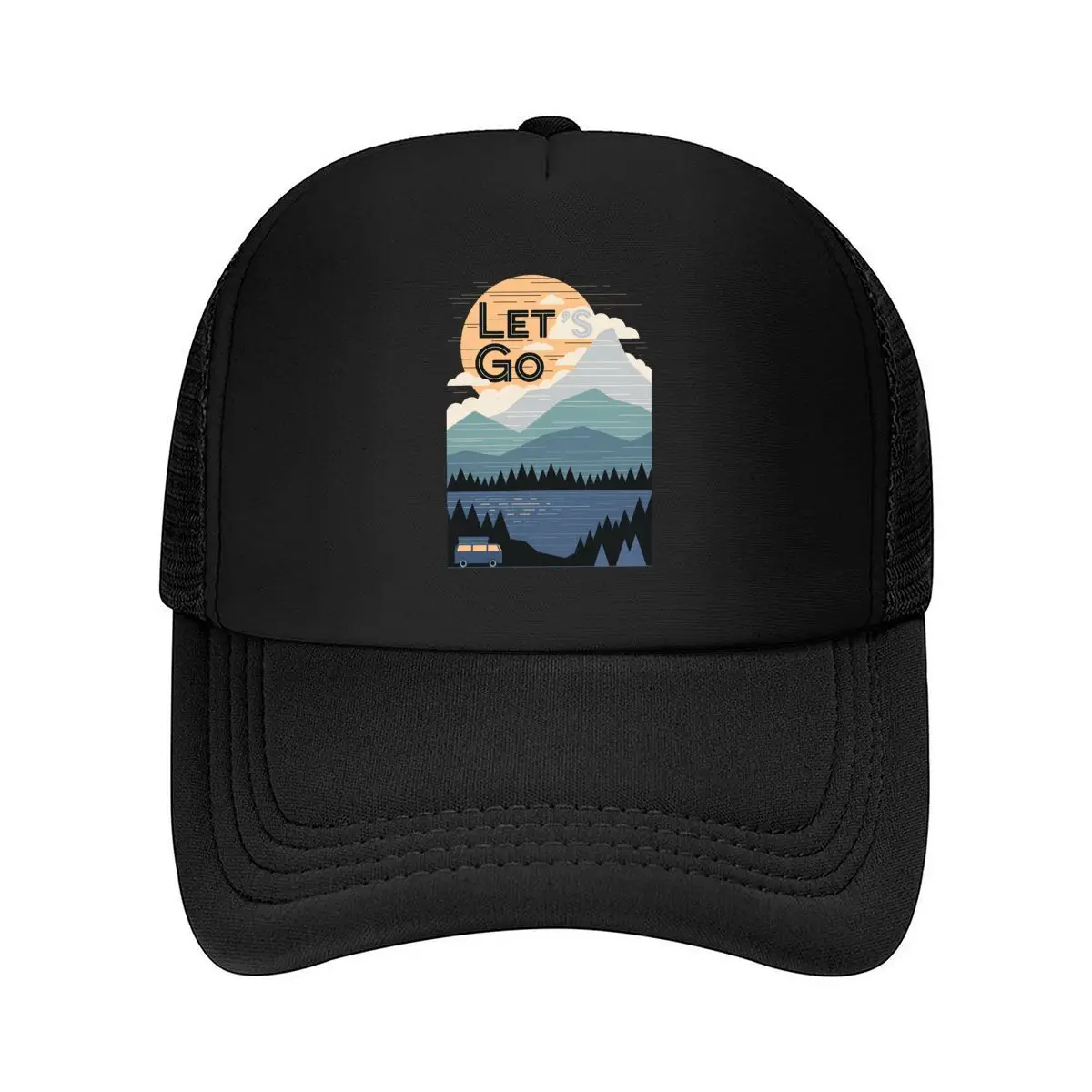 Lets Go Mountain Lake Camping Van Sunset Graphic Mesh Baseball Cap For Womens Unisex Female Beach Dad Hat Hip Hop