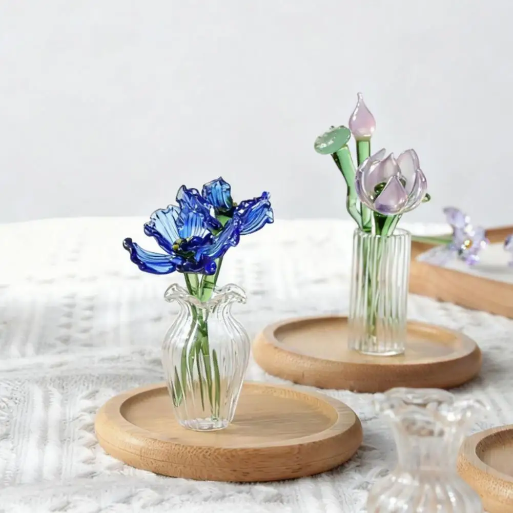 Hand Blown Glass Flowers Hand Blown Mini Glass Flower Decoration Faux Small Flower Vase Ornament Elegant Mini for Mother's