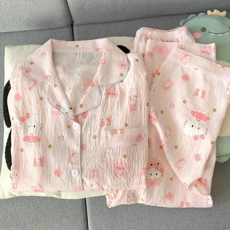 

Пижама Sanrio Hello Kitty из хлопка Cloud Cotton, женская домашняя одежда, весенне-осенний комплект из двух предметов с длинными рукавами и длинными брюками, пижама с мультяшным принтом