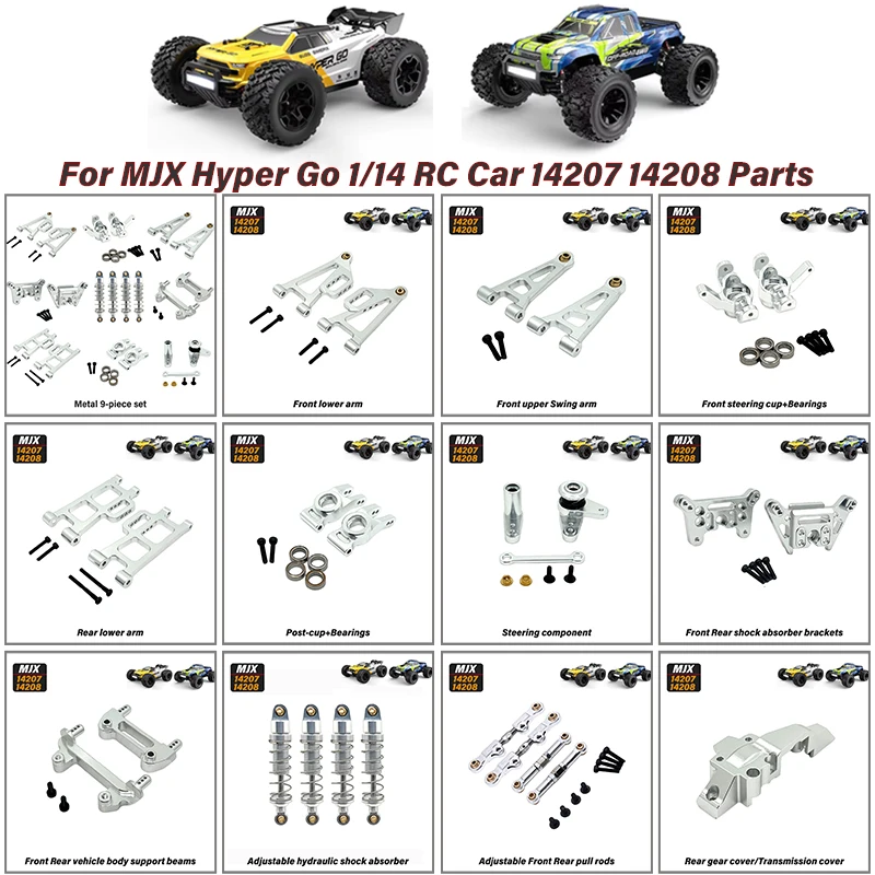 For MJX Hyper GO 1/14 14207 14208 RC Car Metal upgrade parts Metal kit  Front upper swing arm Turning cup Bearings Accessories