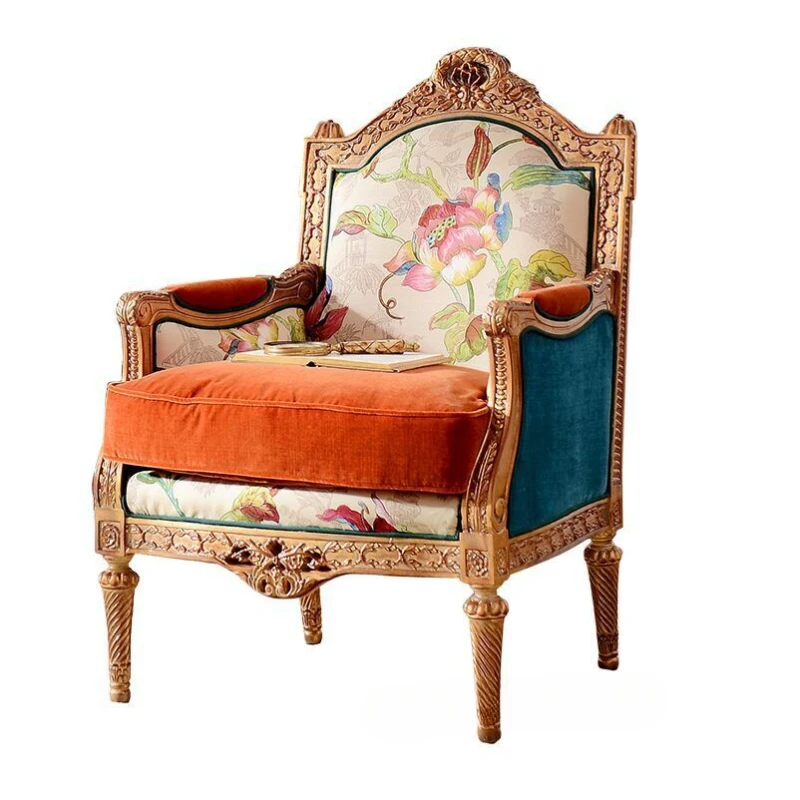 

Solid wood fabric armchair, neo-classical living room, bedroom single chair, French retro old-fashioned villa