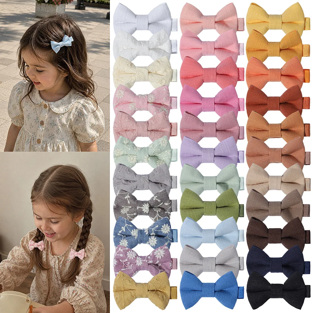 6pcs Cotton Linen Embroidered Bow Hair Clip Set for Kids Girl Duckbill Clips Sweet Fabric Barrettes Solid Color Bowknot Hairpins