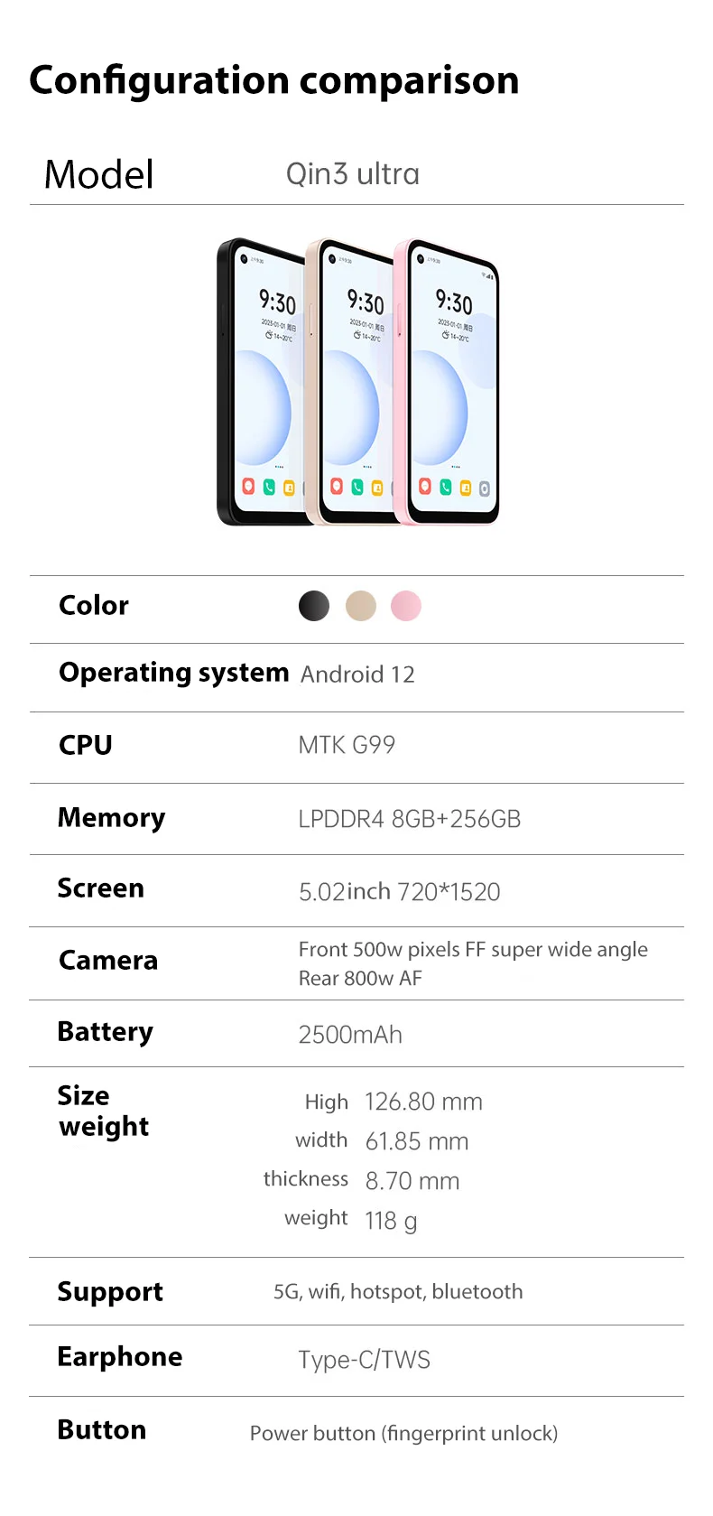 Qin 3 Ultra Google Version Play Store Global Android 12 MTK G99 5.02 Inch 8GB 256GB Multilingual Mini Smart Phone