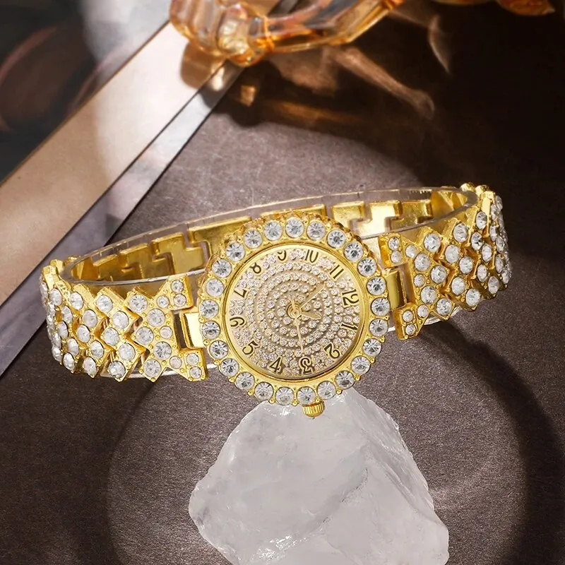 Women Gold Watch Ring Necklace Earrings Bracelet Set Diamond Fashion Wristwatch Female Casual Ladies Quartz Watches Jewelry Set