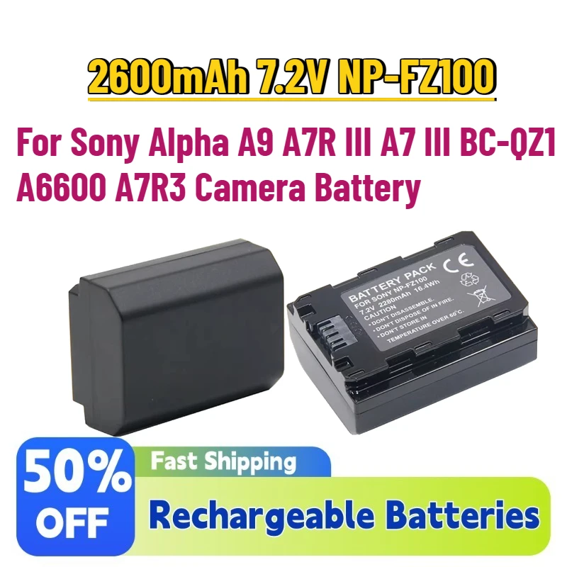 New In Stock 2600mAh 7.2V NP-FZ100 Rechargeable Batteries for Sony Alpha A9 A7R III A7 III BC-QZ1 A6600 A7R3 Camera Battery