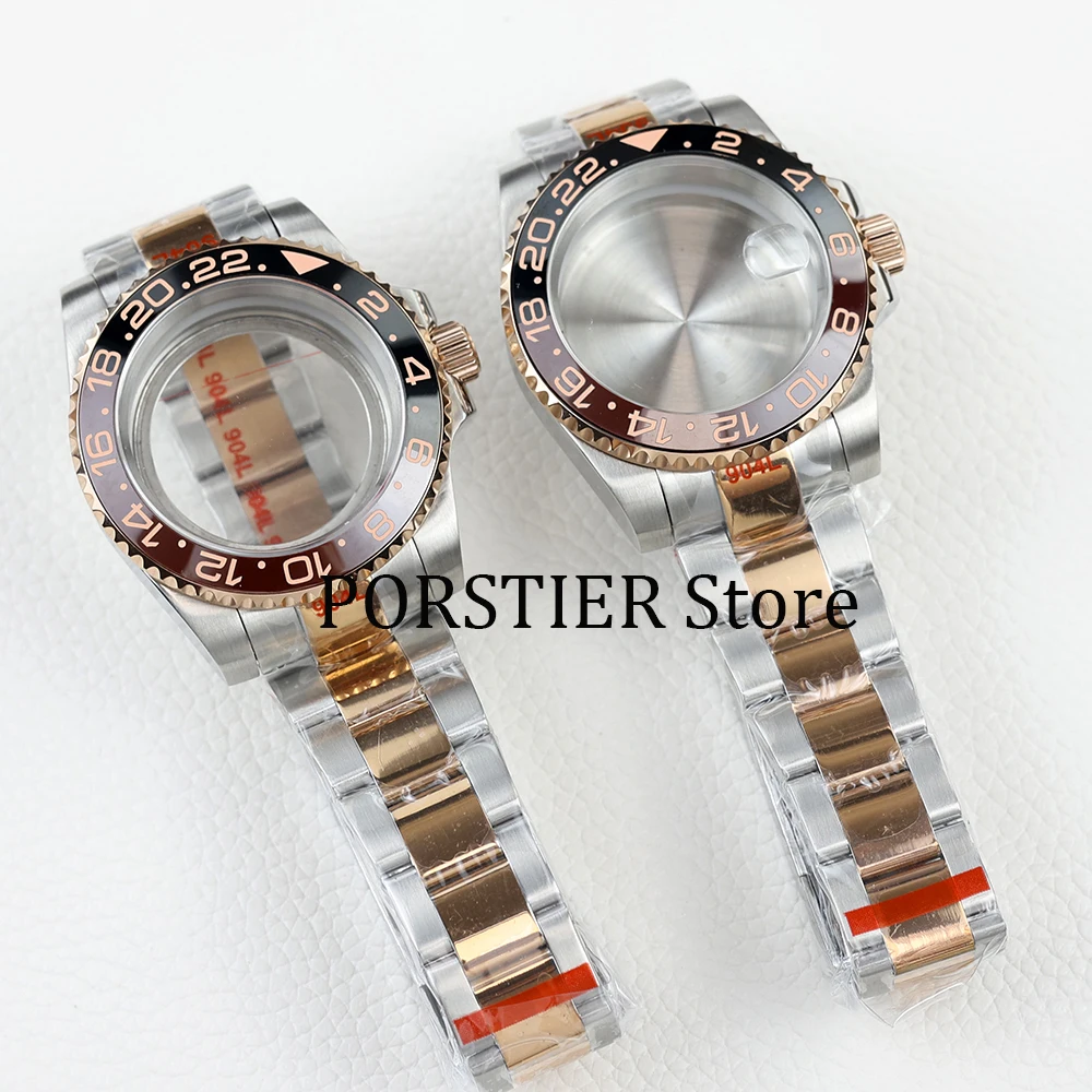 Boîtier de montre en acier inoxydable, or rose, verre saphir, compatible avec le mouvement NH35, NH36, bracelet Oyster polonais, cadran sous GMT, 40mm, 28.5mm