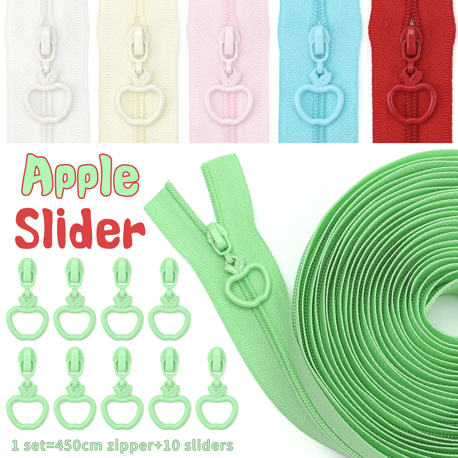 1 Set = 5 Yards (177,16 Zoll) # 3 Nylon-Reißverschlüsse + 10 Apfelreißverschluss-Zipperzüge