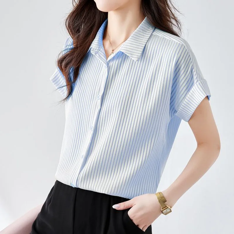 Polo Neck Short Sleeve Striped Shirt Tops Summer New Thin Loose All-match Youth Elegant Blouse Vintage Fashion Women Clothing