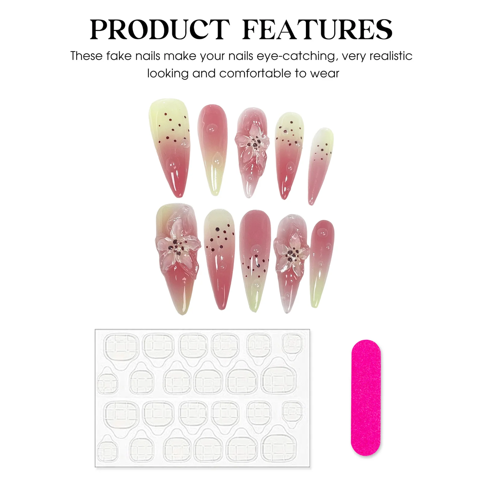 Gradient Pink Fake Nails Handmade Press On Nails With Hand Drawn Flowers Full Cover Wearable Long Pointed Stiletto False Nails