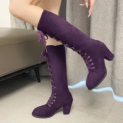 Scarpe da donna 2023 Winte New Knee High Boots donna Fashion Lace Up stivali da donna stivali lunghi in pelle scamosciata con tacco quadrato Zapatos Mujer