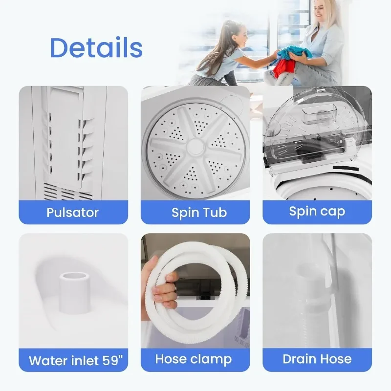 BANGSON Compact Portable Washing Machine, 17.6 Lbs Portable 11 Lbs Small Twin Tub Washer and 6.6 Lbs Spin Cycle for Camping