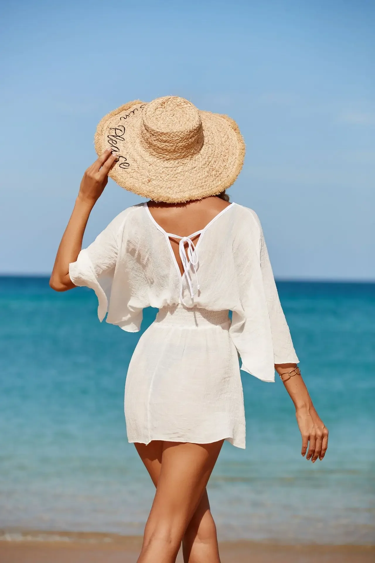 New Sexy V Neck Long Sleeve Backless Chiffon Tunic Beach Cover Up Beach Cover-ups Beach Dress  Wear